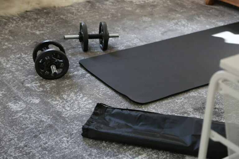 Person performing bodyweight squats and push-ups in a bright living room with an open exercise area.